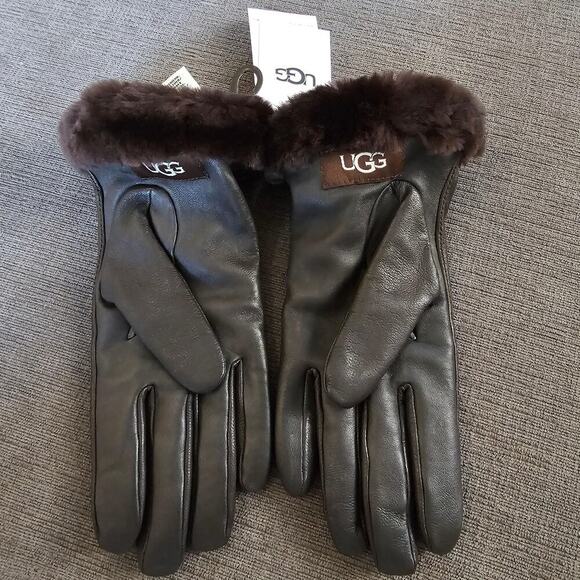 UGG Women's Brown Leather Shorty Tech Tip Real Fur Cuff Gloves Size L/G - Picture 2 of 11